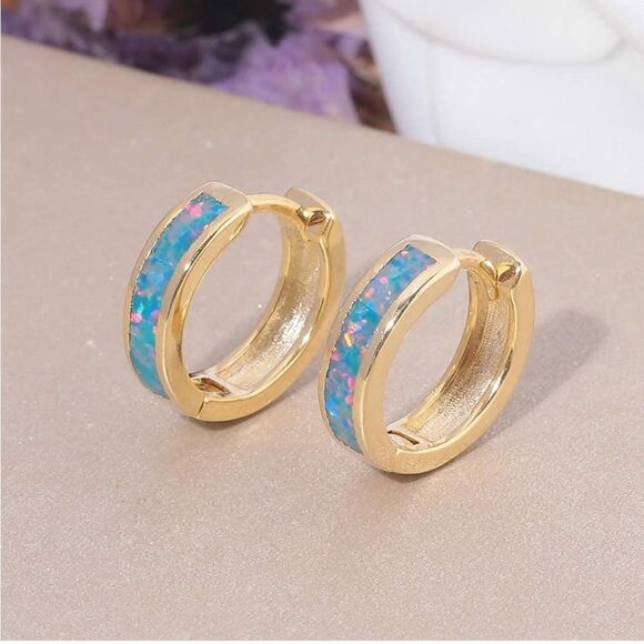 14K Yellow Gold with Genuine Rainbow Fire Opal Huggie Hoop Snap Hinge Earrings - Picture 2 of 4